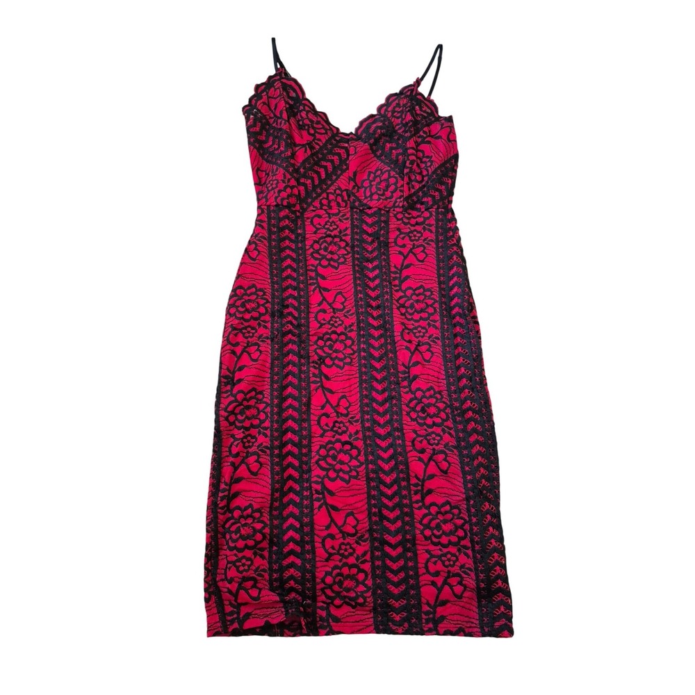 Fashion Magazine Red Black Floral Lace Bodycon Midi Dress V-Neck Spaghetti Strap